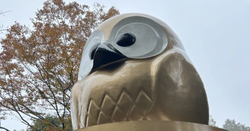 鷲子山上神社の境内に鎮座する金色のふくろう像。幸運と金運、知恵の象徴として親しまれている。