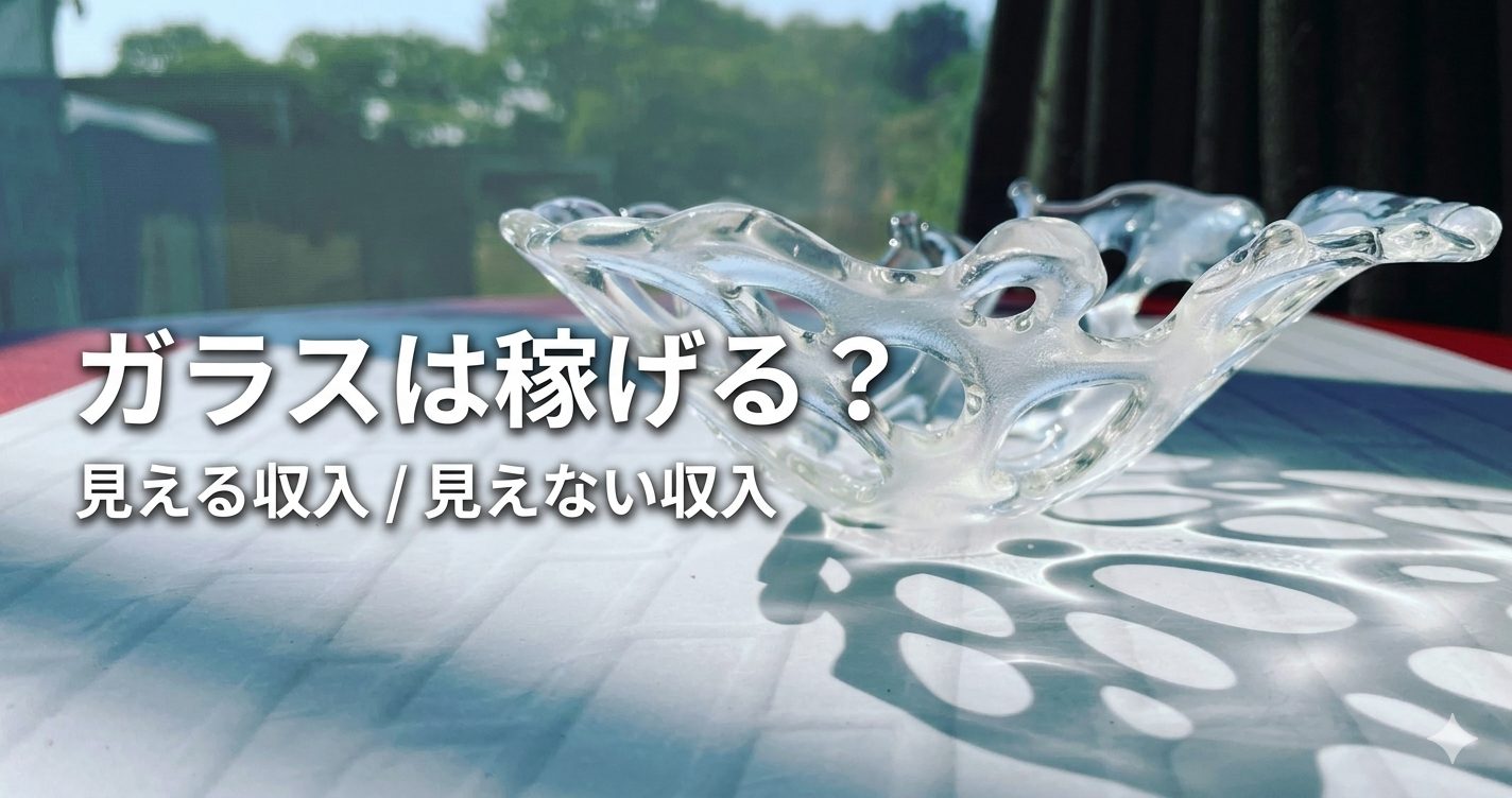 ガラスフュージング作品と「ガラスは稼げる?」というタイトル画像。見える収入と見えない収入について解説する記事のアイキャッチ。