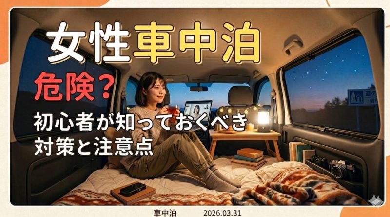夜の車内でリラックスする女性と、車中泊の防犯対策をテーマにした記事のアイキャッチ画像。テキストには「車中泊 女性一人 危険？ 初心者が知っておくべき対策と注意点」と記載されている。